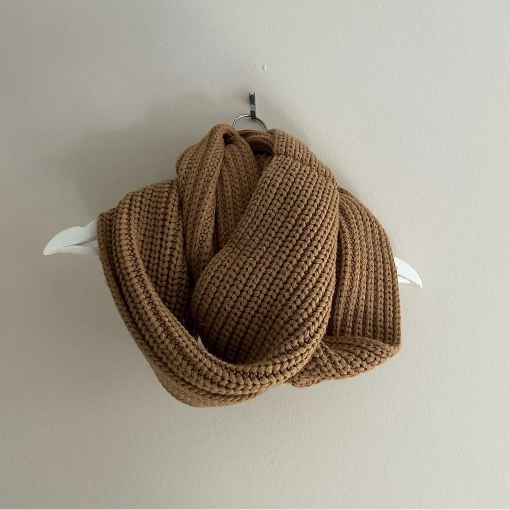 J. Crew Scarf Tan Brown Infinity Chunky Waffle Knit Solid Cozy Ribbed Neutral